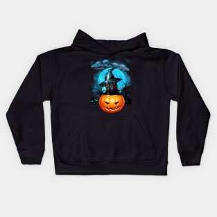 Black Pug Witch Hat Pumpkin And Blue Moon Halloween Kids Hoodie